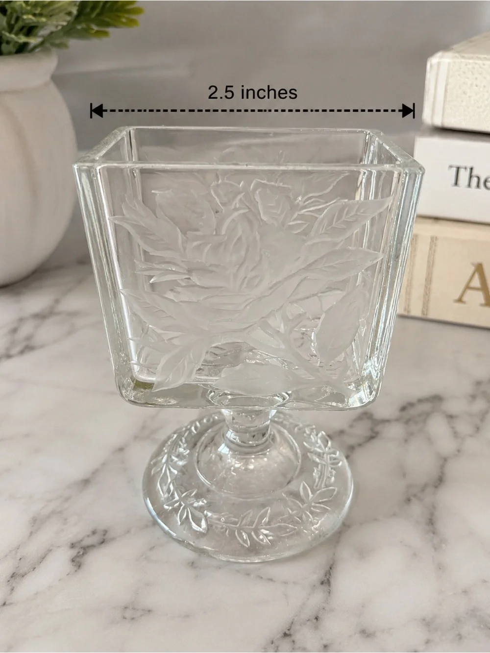 Vintage Etched Glass Footed Vase Compote Floral Rose Square Bowl 4”